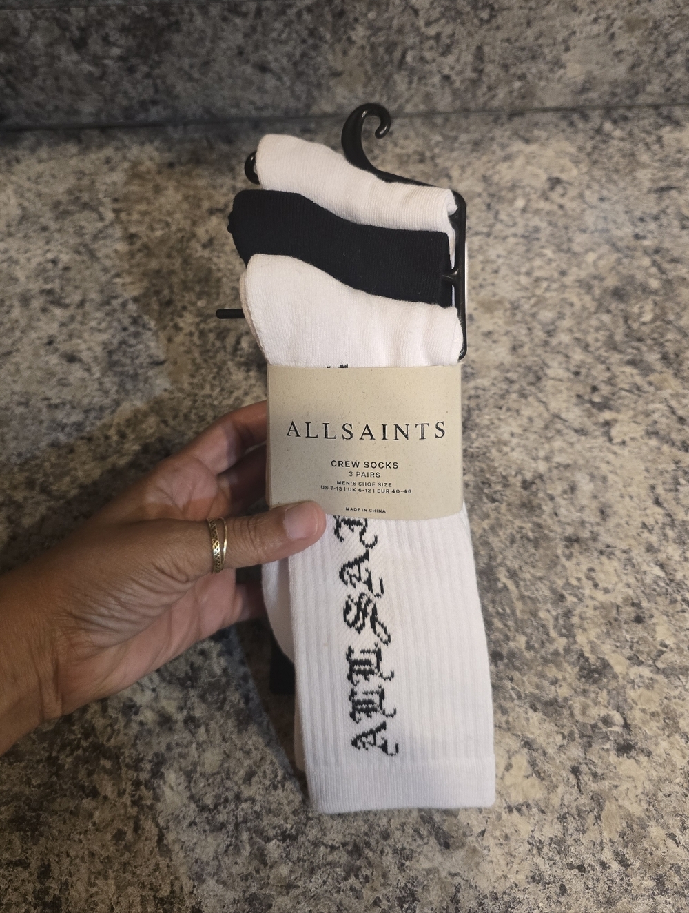 New AllSaints Mens Crew Socks 3-Pack NWT 1 Black & 2 White Cotton Blend Sz 7–13